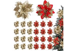 Cevikno 24 Stück Weihnachten Funkeln Weihnachtsstern Blumen Künstliche Weihnachten Blumen Hochzeit Weihnachtsbaum Neujahr Ornamente für Weihnachtsblumen Baum Kränze Dekor Ornament