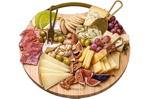 BLAUKE Tagliere e Set di Coltelli per Formaggio - in Legno, Accessori per Aperitivo, Salumi, in Bamboo, Vassoio da Portata Rotondo 33cm - Idee Regalo