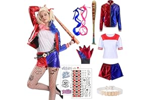 Ansamy Disfraz de Quinn para Niñas Mujer, Disfraz de Suicide Squad Escuadrón Cosplay Set - Camiseta Pantalones Chaqueta Guante, para Fiesta Halloween Carnaval