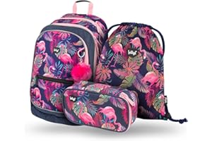 Baagl Schulrucksack Set 3 Teilig, Schultasche für Grundschule Volksschule, Grundschule Ranzen mit Brustgurt, Ergonomischer Schulranzen (Flamingo)