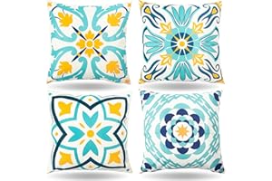 BAFIWU Funda Cojines 45x45, 4 Piezas Funda Cojin 45 X 45 Lino Fundas Para Cojines Boho Funda Cojin Exterior Estampado Floral Cojines Cama Decorativos Fundas Cojines Sofa Cojines Azules Decoracion Hogar