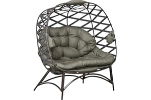 Outsunny Egg Chair Outdoor, 2 Seater Folding Weave Garden Furniture Chair with Cushion, Cup Pockets for Patio Balcony - Sand Brown