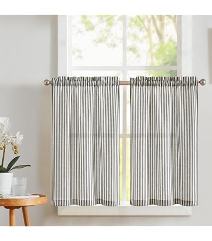 CUCRAF Vitrage in landhuisstijl, halftransparant, linnen gordijnen, bistrogordijn voor keuken, woonkamer en kleine ramen, set van 2, 90 x 45 cm (b x h), linnen