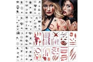 HXLEUCRY 20 Blatt Halloween Tattoo,Schwarz Spinne Tattoo und Narben Wunden Schorf Blut Tattoo,Schaurig Blutige Zombie Vampir Tattoo für Cosplay Karneval Party Dekoration Kinder Erwachsener Makeup