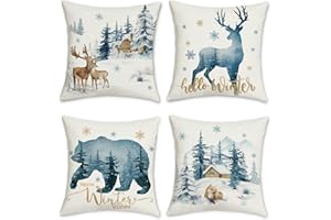 Bonhause Federe per Cuscini Inverno Renna Blu 45 x 45 cm Copricuscini Decorativi Orso Cervo Neve Pino Poliestere Biancheria Federa per Cuscino Casa Vacanze Natale Decorazione Set di 4