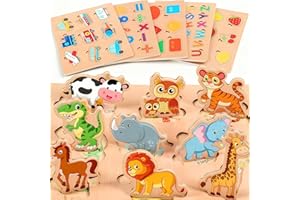 lenbest Set of 6 Children's Wooden Puzzle - Montessori Toy - Animal Alphabet Number Vehicles Shape Fruit - Educational Toy for 2-3 Years
