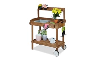 Relaxdays Planter Table with Wheels, Repotting Stand, Wooden, Garden, Greenhouse, Balcony, 120 x 97 x 49 cm, Brown