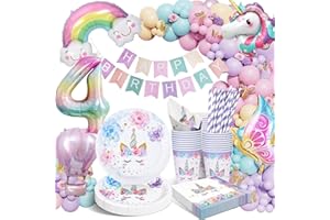 HLEIUKT Einhorn Geburtstagsdeko Mädchen 4 Jahre, Geburtstag Party Geschirr, Einhorn Pappteller Kindergeburtstag mit Luftballons, Tischdecke für 4. Geburtstag Kinder, Mädchen