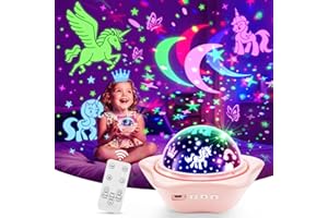 PIKOY Baby Night Light Kids, 15 Lightings+6 Flims+Rotation Star Projector Night Light Kids, Remote Dimmable+Timer Girls Bedroom Accessories Sensory Lights,Pink Cordless Lamp Baby Sensory Toys Gifts