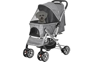 PawHut Hundebuggy, Haustiertrolley mit Netzfenster, Hundewagen mit Aufbewahrungskorb, Tasche, Faltbarer Hundetrolley, Katzenbuggy für Kleine und Mini Hunde, Oxford, Grau
