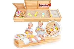 SCHRIMA® 4 in 1 Sandkasten aus lackiertem Massivholz - Wasserwanne und Staufach neben großem Sandfach inkl. Vlies, mit Holzabdeckung als Kindersitzbank verwendbar, für Terrasse, Balkon oder Garten