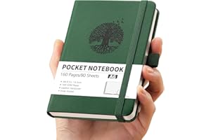 RETTACY Pocket Notebook - A6 Small Mini Notebook with 160 Pages,100 GSM Lined Paper Notepad, Inner Pocket, Hardcover, Elastic Band - Dark Green