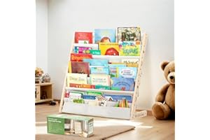 ‎COSYLAND COSYLAND Bücherregal Kinder mit 6 Oxford-Stoff Fächern - Kinderbücherregal aus Naturholz - Bücherregal Kinderzimmer mit abgerundeten Ecken & großer Kapazität 75L x 30B x 76H cm(Naturholzfarbe)