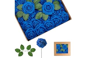 YAYAFUNFUN 25Pcs Roses Artificielles Bleu Marine,En Mousse Faux Roses Avec Tiges, Rose Artificielles Cimetiere,De Faux Ivoire Rose pour Deco Mariage,Décoration d'anniversaire, Saint Valentin,Décoration Gâteau