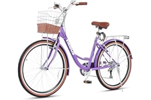 Viribus Women's Comfort Bike, 66 cm 7 Speed Bicycle for Women, Beach & City Cruiser Bike with Rattan Basket Steel Rack, Step Through Bike for Women Adults