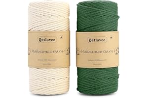 Qetlavee Premium Makramee Garn 2er Set | 3mm x 100M | 100% Natürliche Baumwollgarn | Plastikfreie Verpackung | Baumwollkordel | Baumwollseil für DIY Handwerk Stricken （Naturell+Dunkelgrün）