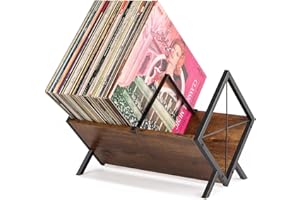 PUERSI Schallplatten Aufbewahrung, 80 LPs Schallplattenständer, 1 Etage Vinyl Regal mit Verstellbarer Trennwand, Vinyl Schallplatten Zubehör, Organisator für CD, Alben, Zeitschriften, Buch - Braun