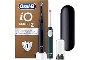 Oral-B Brosses A Dents Electriques Duo iO 2, 3 Modes De Nettoyage, Brossage Silencieux, Capteur De Pression, 2 Brossettes Oral B De Rechange, Chargeur, Etui De Voyage, Noire et Vert Forêt, En Carton