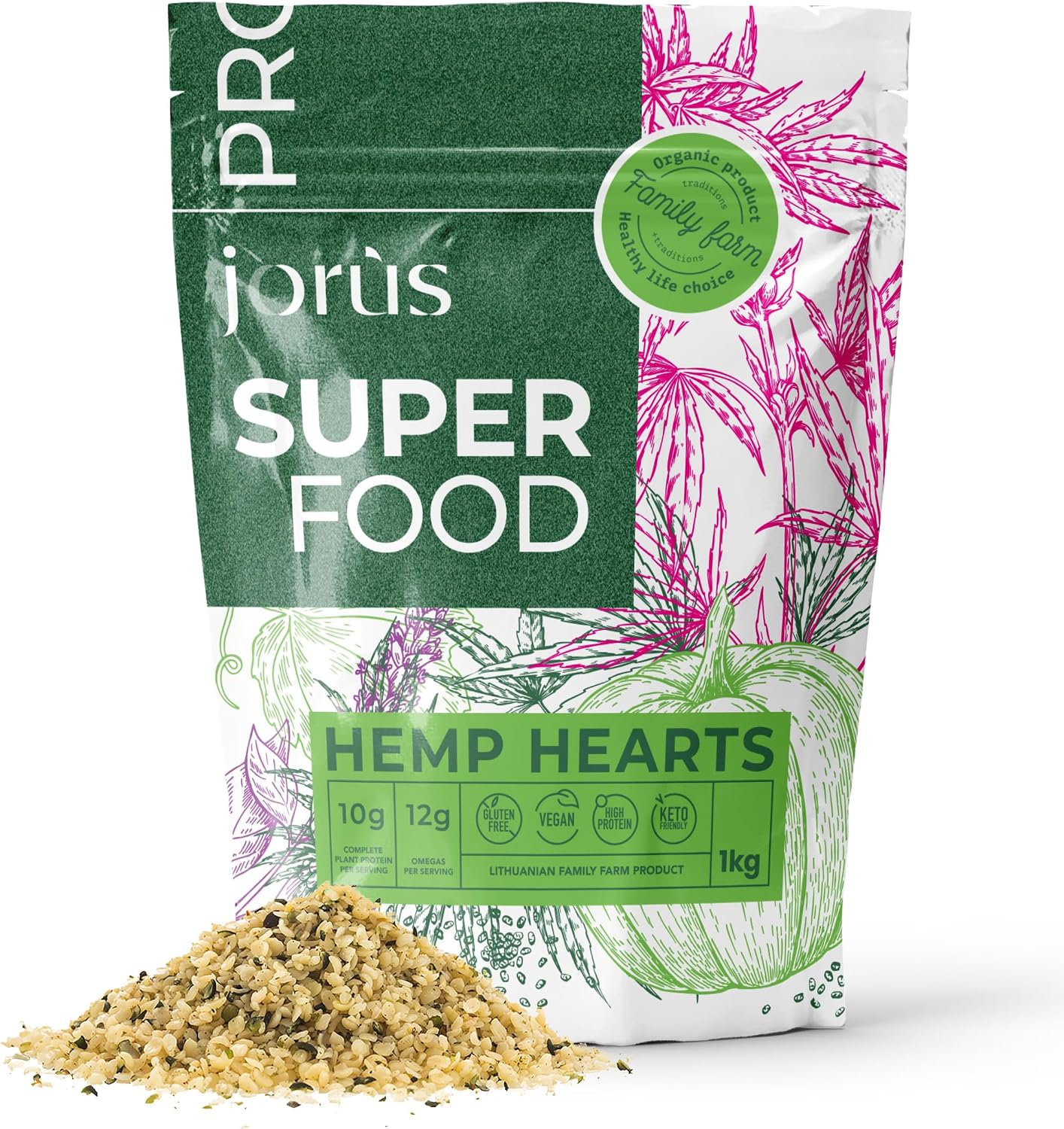 Jorus Semillas de Cáñamo Naturales Descascaradas y Crudas 1kg – Fuente Rica en Omega 3 y 6, Proteína y Fibra, Perfectas para una Dieta Saludable, Origen Europeo, Sin Aditivos - Hemp Seeds