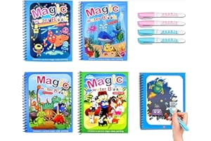SHNMINEU 4 Pièces Livre de Dessin Magique de l'eau, Livre Magique à L'Eau avec Stylo Leau, Enfant Magic Water Book,Réutilisable,Jouets Peinture pour Tout-Petits Garçons Filles Présents