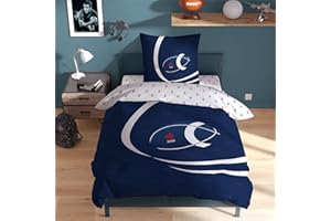 OMYDREAM France Rugby Ball Parure de Lit FFR 1 Personne | 100% Coton | Oeko-TEX | Housse de Couette 140x200 cm + 1 Taie d'oreiller 63x63 cm | Imprimés Réversibles Garçon | Bleu Marine