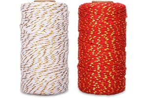 JIJACRAFT Cordel de Algodón Navideño para Envolver Regalos (Rojo Dorado & Blanco Dorado)