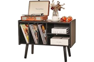 LKKRO Record Player Stand with Vinyl Storage Holds Up to 300lb, Large Record Player Table Cabinet for Album Storage with Holder Vinyl Display Shelf, Wood Turntable Stand for Bedroom Living Room (Black)