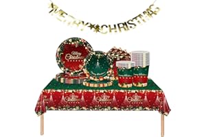 MIENOCOL Xmax - Juego de Vajilla para Fiesta de Navidad, 70 Piezas, Platos Desechables, Servilletas, Vasos, Mantel y Pancarta de Feliz Navidad, Decoración de Mesa