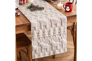 Artscope Christmas Tree and Elk Soft Plush Faux Fur Jacquard Xmas Table Runner, Seasonal Holiday Dining Table Decoration for Home Party Decor 40x180cm (Cream Beige)