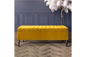 AZ INTERIORS ROYAL FURNITURE Safar Striped Ottoman Storage Bench, End of Bed Bench with Legs, Entryway Bench with Storage, Shoe Storage Ottoman Box, Rectangle Storage Footstool (Mustard Gold Velvet, 4ft6 (137x40x50)CM)