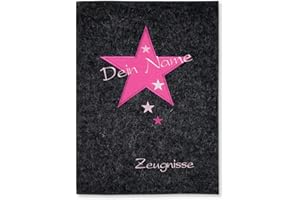 ‎GOLDI-DESIGN Goldi-Design Zeugnismappe Stern anthrazit/pink personalisiert mit Namen 100% Wollfilzumschlag und Sichtbuch DIN A4 mit 20 Hüllen