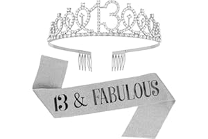 SUSSURRO "13 and Fabulous Sash and Rhinestone Tiara Set,13th Birthday Gifts Birthday Sash for Women Birthday Party Supplies( Silver)