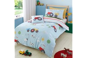 Bedlam - Bauernhof-Bettwäsche-Sets – Einzelbettgröße (200 x 140 cm) – Bauernhoftiere & BAU-Traktor-Bettwäsche – wendbares Design – Farmyard Friends Kollektion, Blau