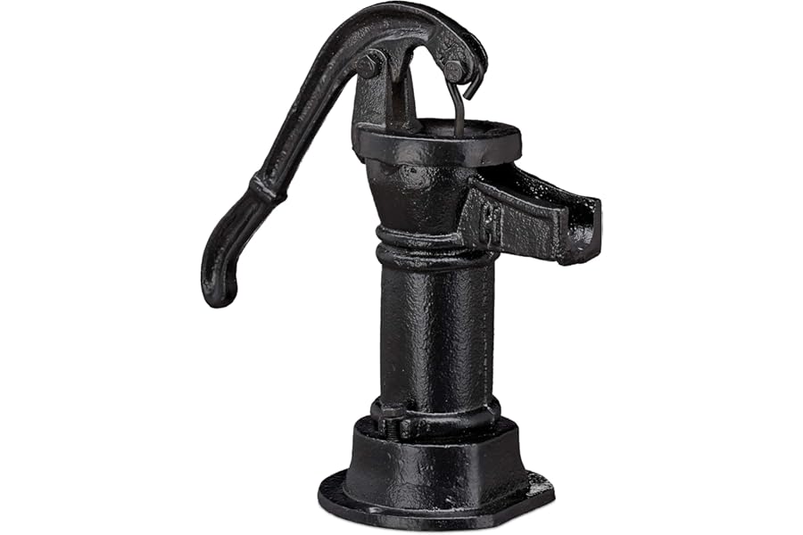 Relaxdays Decorative Pump, Mini Water Pump, Antique Design, Hand Pump, Weatherproof, Garden Ornament, Cast Iron, Black