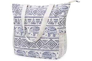 WANDF Floral Beach Tote Water-resistant Beach Bag Large Shoulder Bag for Yoga Travel with Multi Pockets (Blue Elephant)