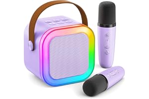 Micro Karaoke Enfant IROO Karaoke Enfant avec 2 Microphones, Microphone pour Filles Cadeaux pour Enfants Enceinte Bluetooth Portable avec Effets de Changeur de Voix et Lumières LED (Violet)