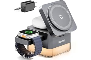 KPON Ladestation Apple Watch und Iphone für Magsafe, 3-in-1 Cube Induktive Ladestation mit Magsafe Ladegerät, Kompatibel mit iPhone 17 16 15 14 13 12 Air/Pro Max,für Apple Watch 11/10/9,Airpods (Grau)