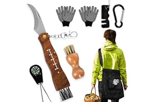 Herenear Couteau Champignon avec Brosse, Sac de Cueillette de Champignons, Boussole, Aiguiseur Couteaux, 2 Gants, Couteau a Champignon Pliant avec Brosse Poil de Sanglier