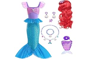 AODOKAT Disfraz Vestido Sirenita Niña Princesa Ariel Sirena con Peluca de Pelo para Cumpleaños Carnaval Halloween con Accesorios 4 a 12 años