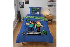 AYMAX Parure de Lit Minecraft – Housse de Couette 140x200 cm + Taie d'oreiller 63x63 cm – Microfibre Ultra-Douce – Design Officiel Steve & Alex avec Creeper – Parure Réversible Enfant/Ado