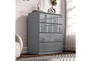 Blisswood High Gloss Chest of Drawer, 4 Drawer Bedroom Chest of Drawer Bedside Table Cabinet for Bedroom Living room Furniture, Grey, 70W x 40D x 95.5H cm
