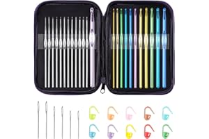 Tomorotec Art - Set di uncinetti metallici multicolori, in alluminio, per lavori artigianali, con custodia Sylish, pennarelli e aghi a cruna grande (sacchetto viola)