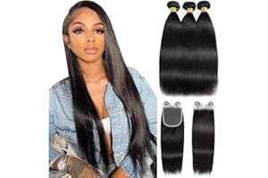 LOVFIR Tissage Bresilien avec Closure Cheveux Humains Raides 12 14 16+10 Pouce Straight Human Hair Bundles 100% Tissage Naturel Cheveux Humain Tissage Bresilienne Raides Tissage Cheveux Naturels