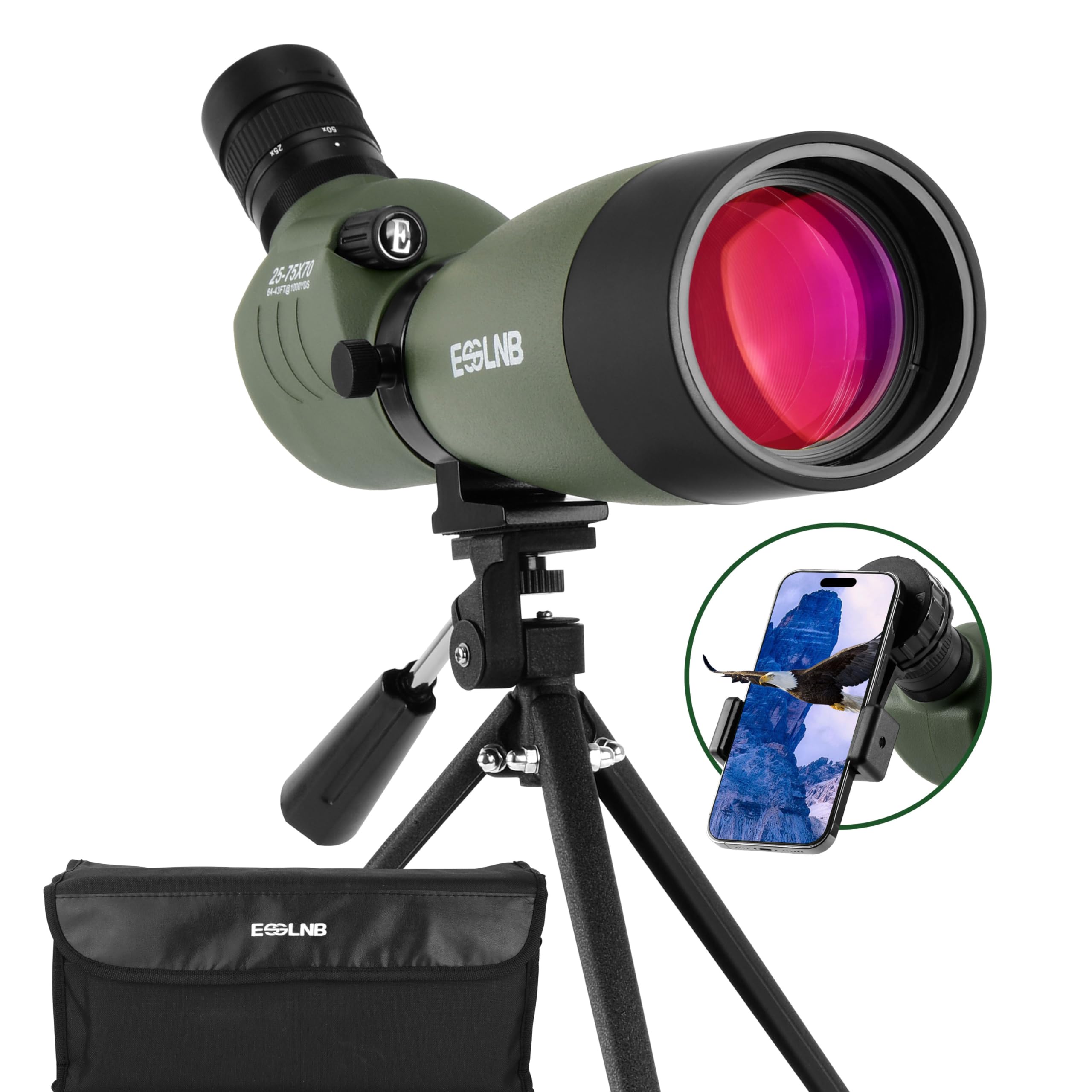 ESSLNB Hunting Spotting Scope Waterproof 25-75 X 70Mm Shooting with Phone Adapter Tripod and Case Bak4 Porro Prism 45-Degree Angled Eyepiece for Target Bird Watching