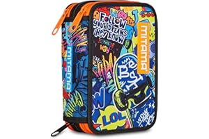 Mitama Astuccio Scuola 3 Scomparti, SKATE DREAM, Multicolore, Astuccio completo di matite, penne e pennarelli, Triplo scomparto, 47 pezzi, Per bambini, Scuola elementare, Tempo libero