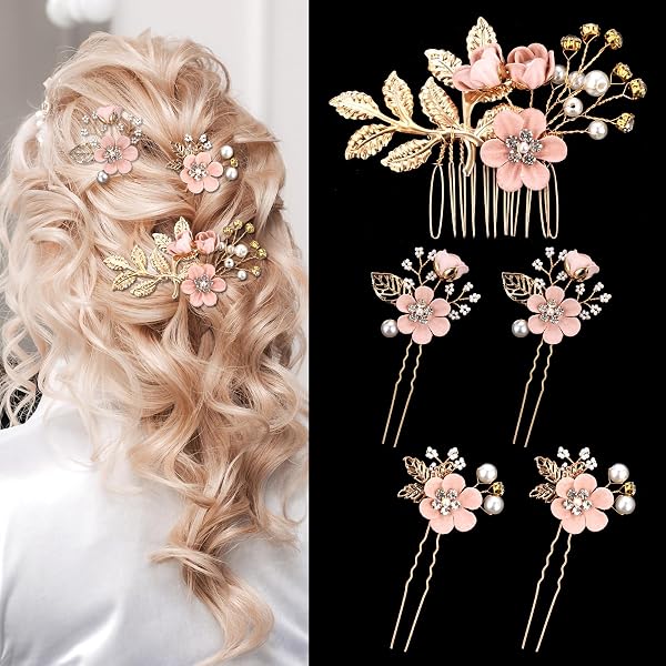 Braut-Haarschmuck Set – 1 Kamm & 2 Haarnadeln Mit Perlen & Kristall | Rosa Blumen-Design Für Hochzeit