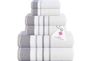 Casa Copenhagen White Bay - Toalla de algodón Egipcio de 600 g/m² para Hotel, SPA, Cocina, baño, Juego de 6, 2 baños, 2 Manos, 2 paños de Lavado, Color Blanco con Borde Gris Oscuro y Gris Claro