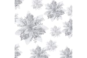 GEOSAR 36 Stück Glitzer Künstlich Weihnachtsstern Blumen Weihnachten Poinsettie Künstlich Hochzeit Blumen Dekoration Weihnachtsbaum Ornamente mit Clips, 6 Zoll, 4 Zoll, 3 Zoll (Silber)