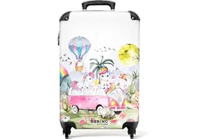 NoBoringSuitcases.com® Kinderkoffer Mädchengeschenke Handgepäck Koffer Reisetasche mit Rollen Kinder - Pink - Einhorn - Regenbogen - Kinder Koffer Madchen Trolley, 55x40x20