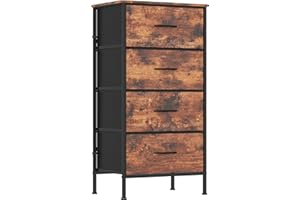 GoaHi Chest of Drawers with 4 Drawer, Fabric Dresser with Wood Top,4 Dresser of Drawer, Large Storage Organizer Unit with 4 Drawers for Bedroom, Kids Room, Living Room, Rustic Brown